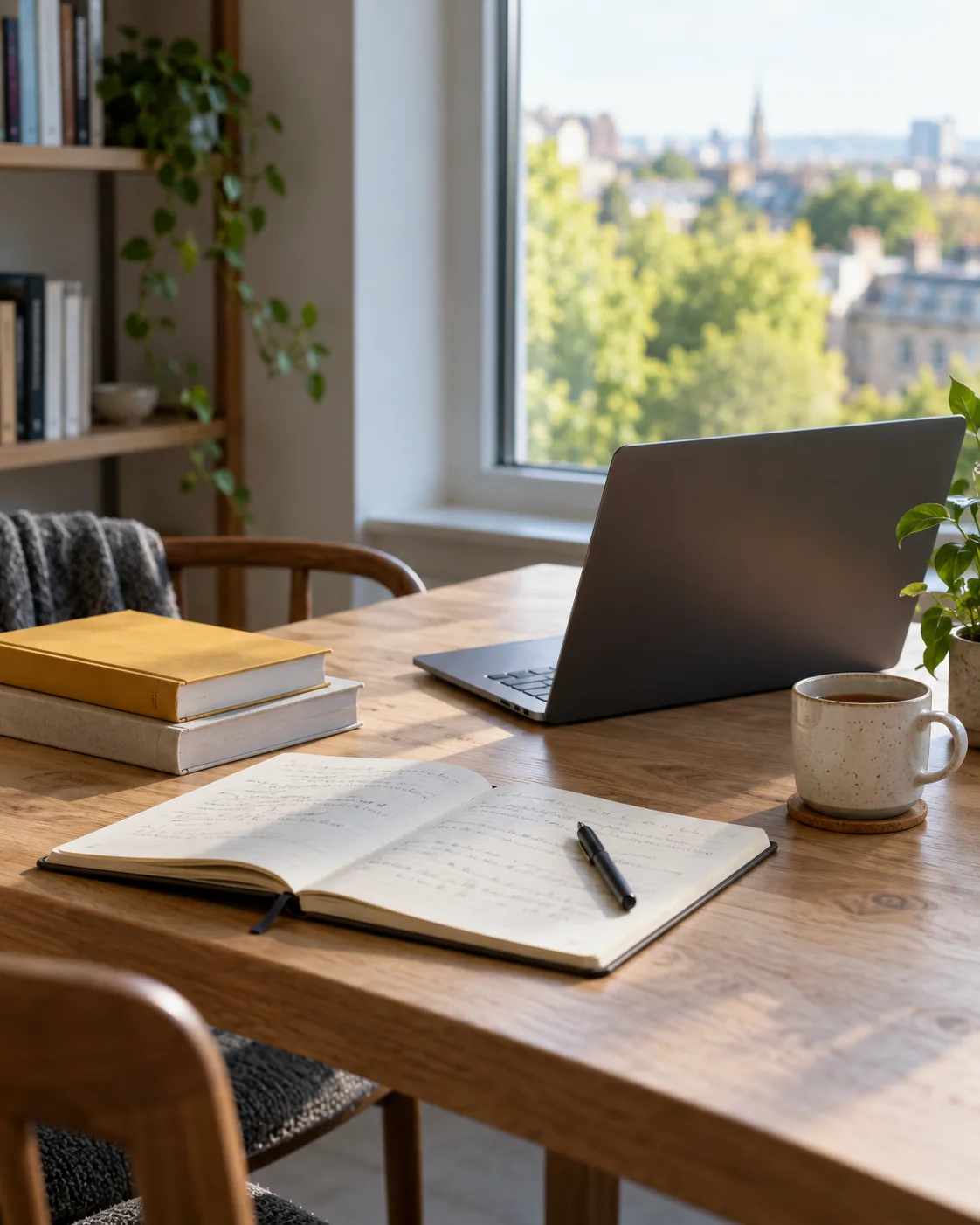 Books, an open notebook and a laptop on a sunlit wooden desk.