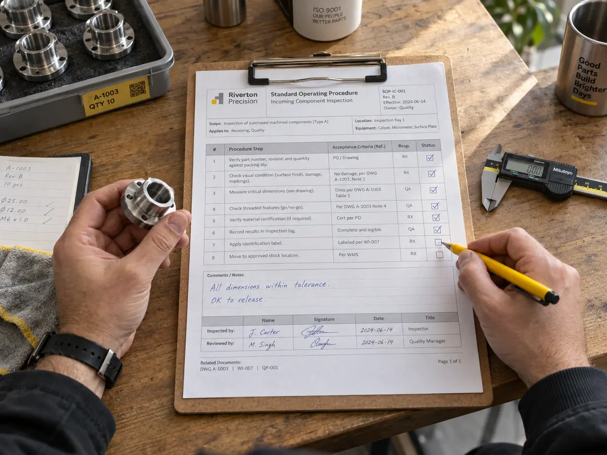 An employee following a printed inspection SOP while checking a machined component.
